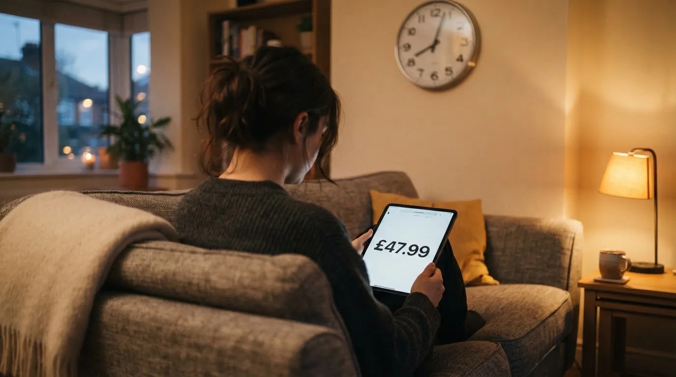 A person on a sofa looking thoughtfully at a tablet, a wall clock in the background