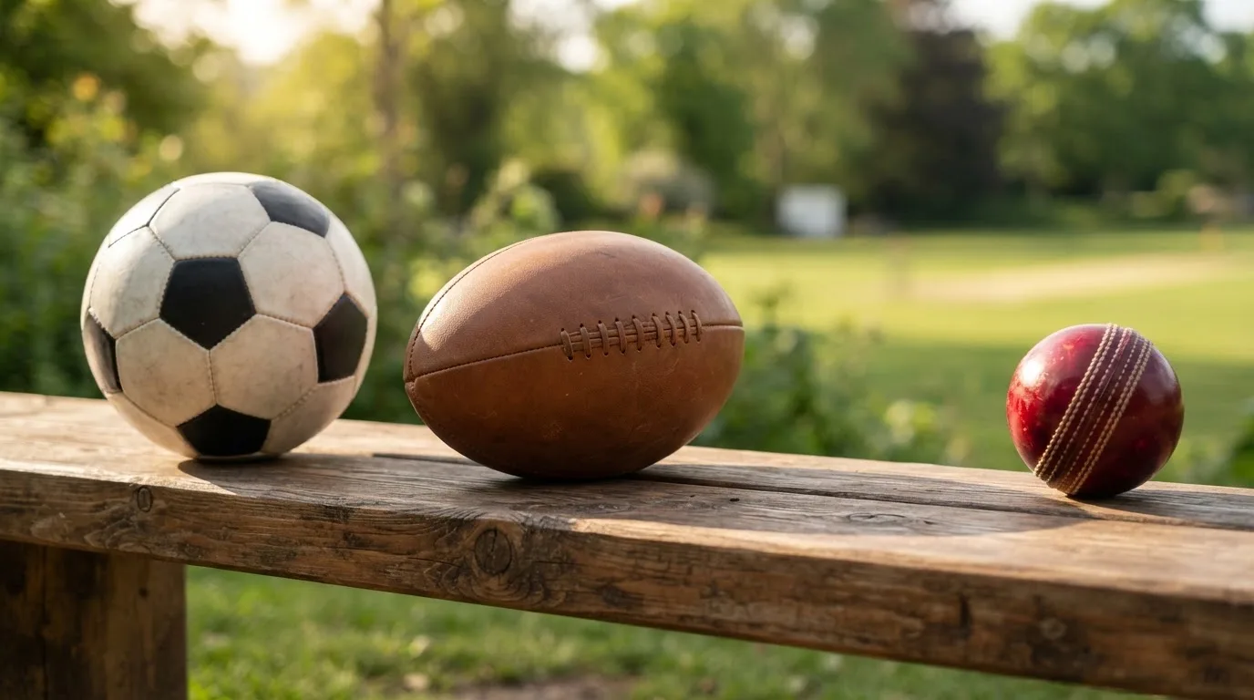 Three balls of different kinds side by side on a wooden bench